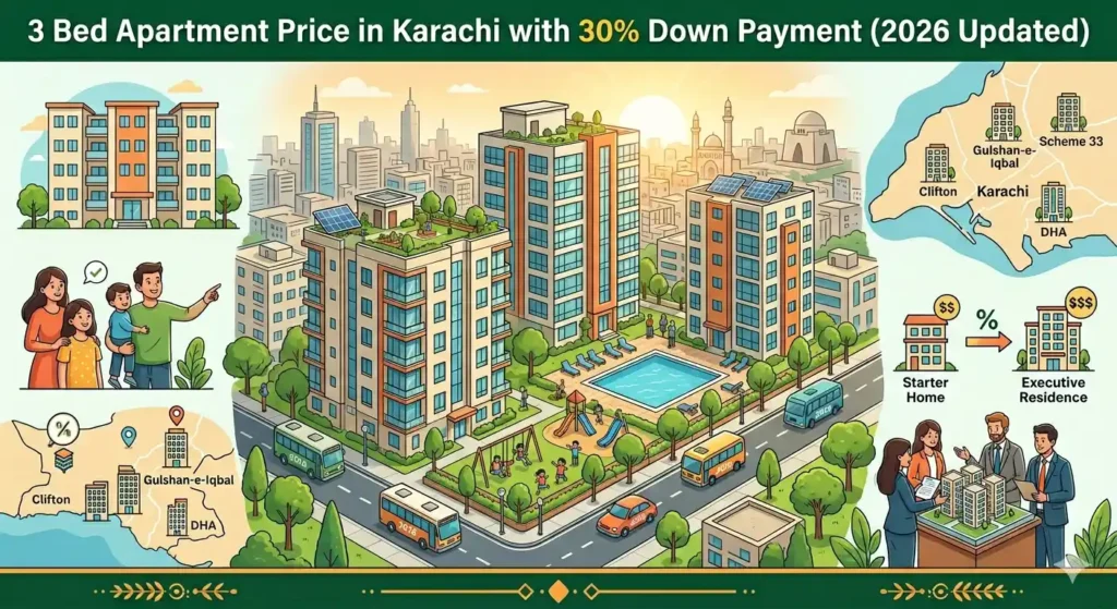 3 bed apartment price in Karachi with 30% down payment (2026). Explore latest prices, areas, ROI & top projects by Al Rauf Group.