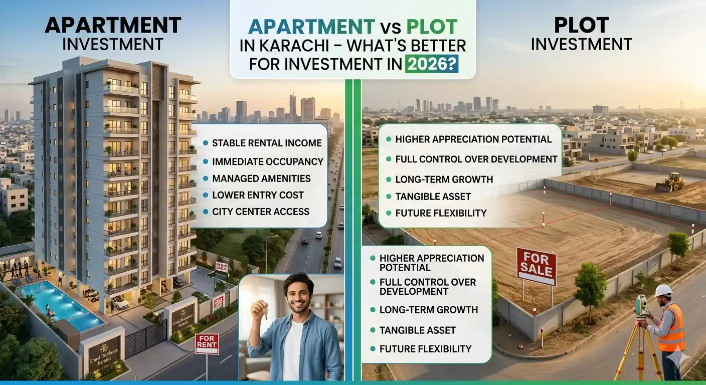 Apartment vs plot in Karachi – find out which is better for investment in 2026 with expert insights, ROI comparison, and installment options.