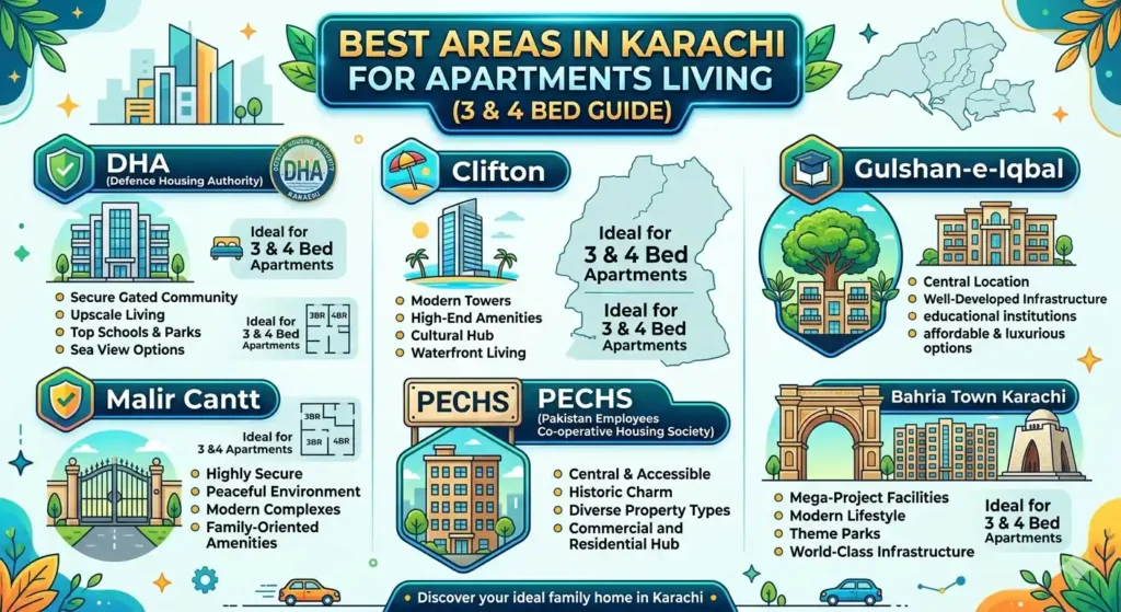 Explore best areas in Karachi for apartments living. Compare 3 & 4 bed apartment prices, locations & investment options in 2026.