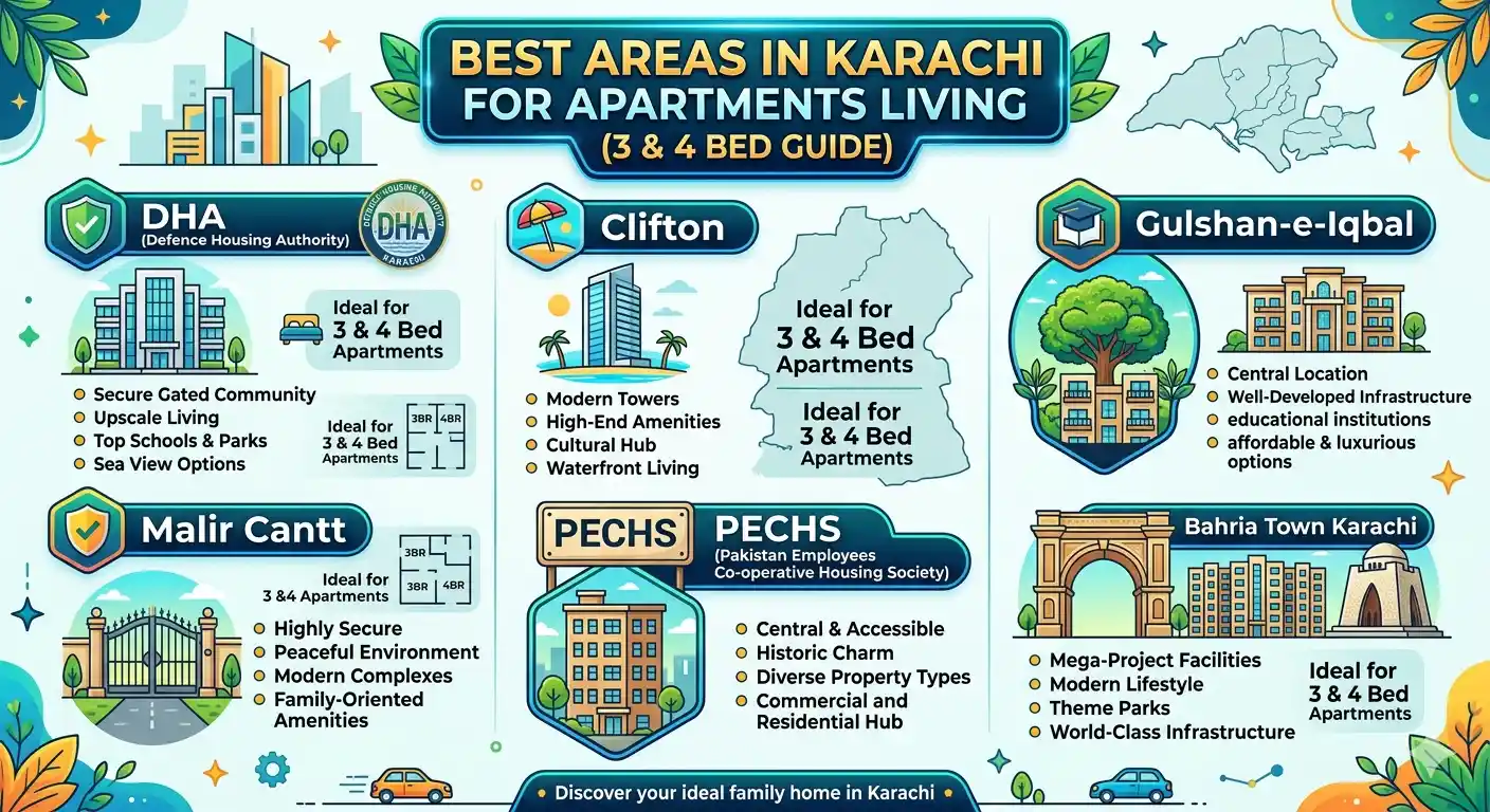 Explore best areas in Karachi for apartments living. Compare 3 & 4 bed apartment prices, locations & investment options in 2026.