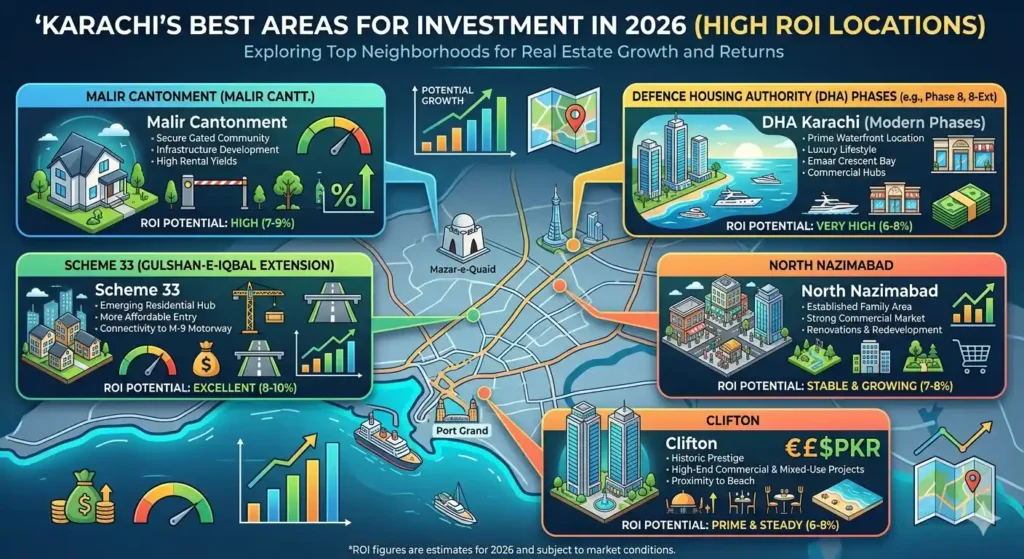 Discover best areas in Karachi for investment in 2026. Explore high ROI locations, apartment projects & property trends.