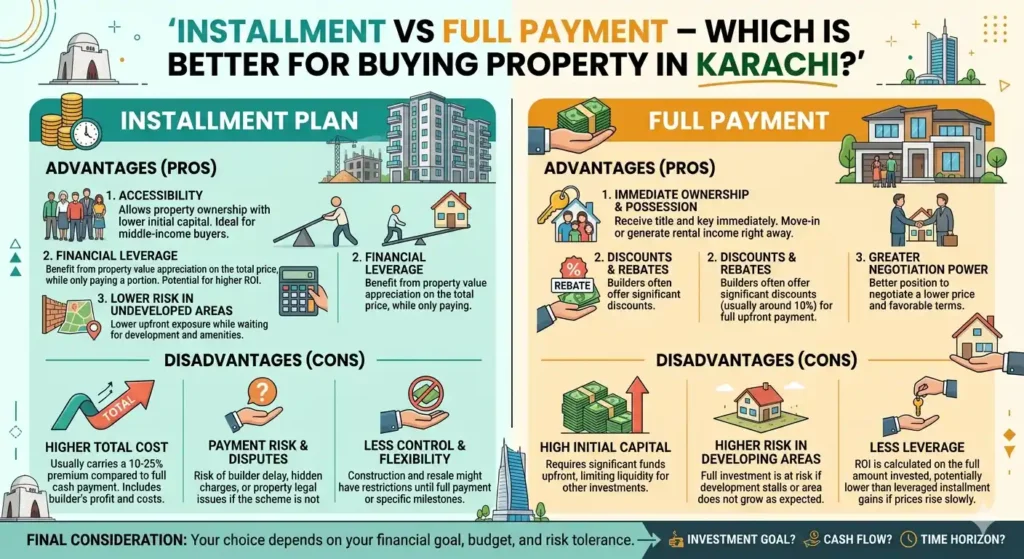 Compare installment vs full payment in Karachi property investment. Learn benefits, risks, ROI, and choose the best option for you.
