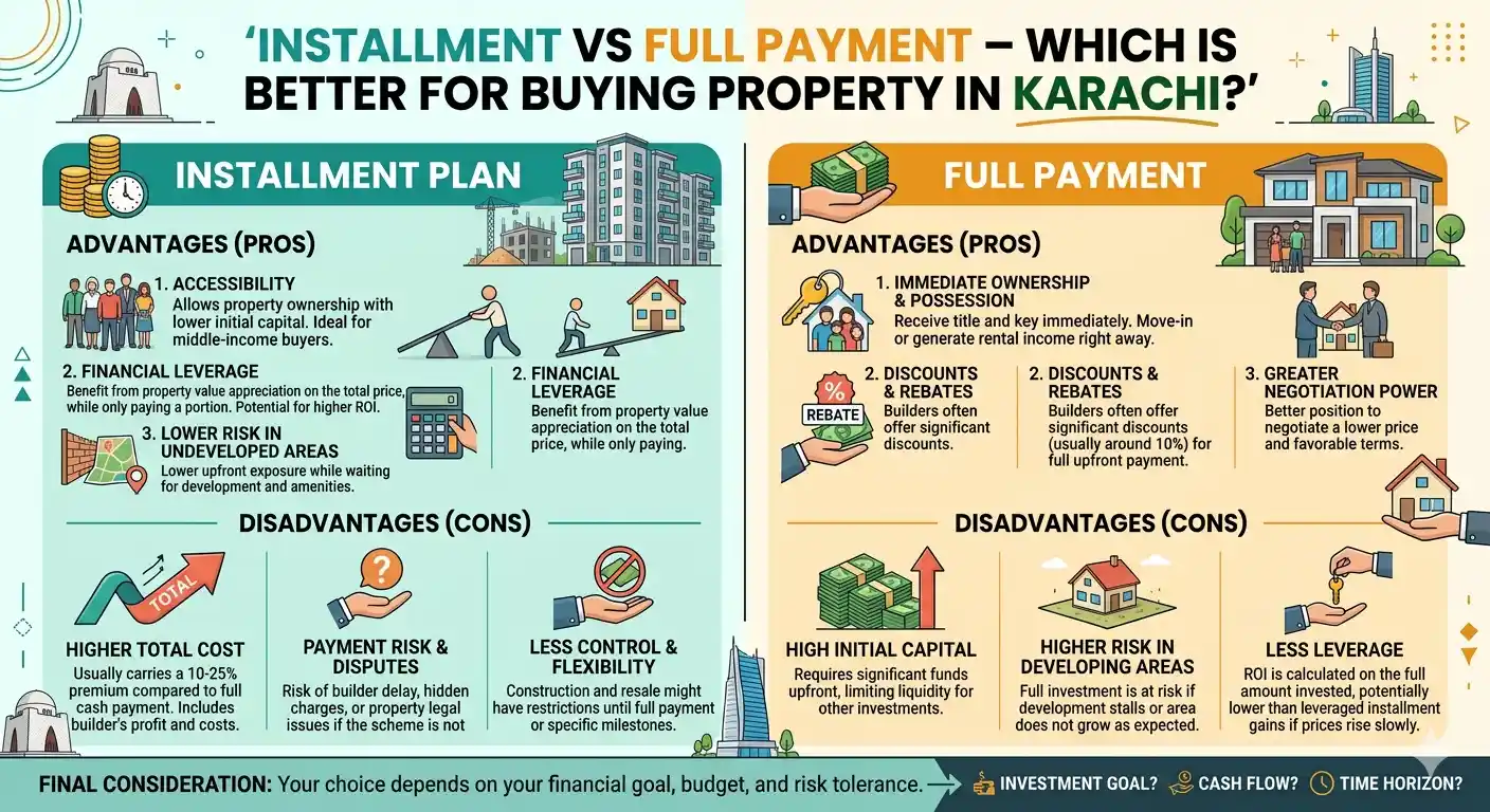 Compare installment vs full payment in Karachi property investment. Learn benefits, risks, ROI, and choose the best option for you.