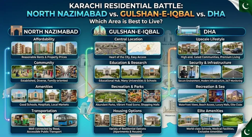 Compare North Nazimabad vs Gulshan vs DHA Karachi. Explore prices, lifestyle, security & investment to choose the best area to live.