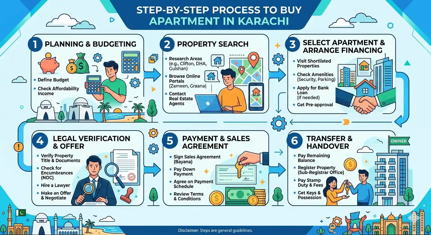 Learn the complete process to buy an apartment in Karachi, including installments, documents, and expert investment tips.
