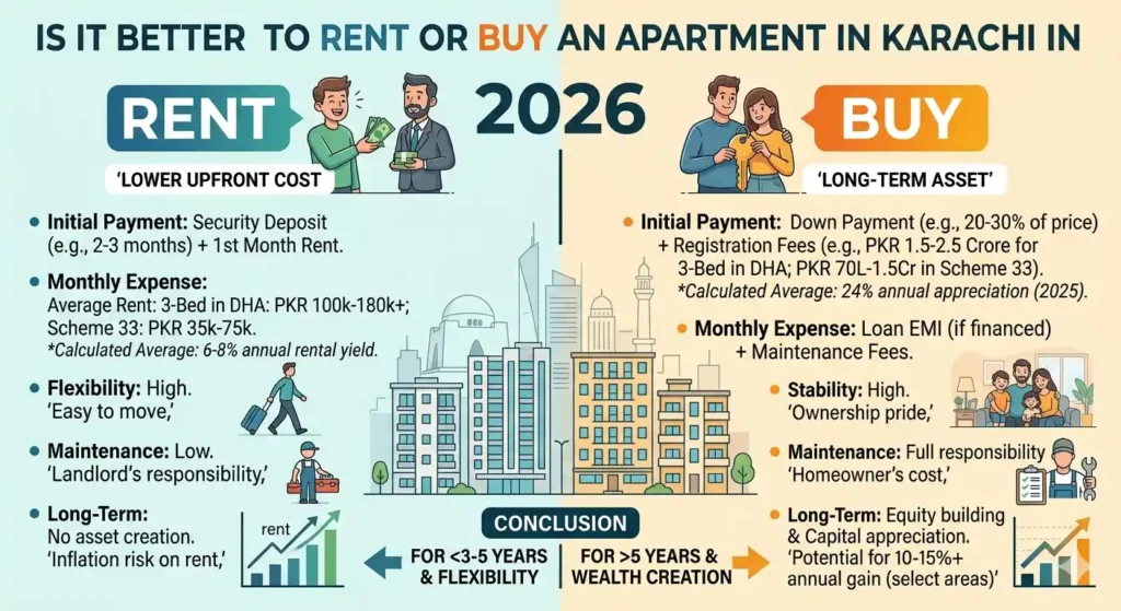Is it better to rent or buy an apartment in Karachi in 2026? Explore costs, ROI, and expert insights to make the right property decision.