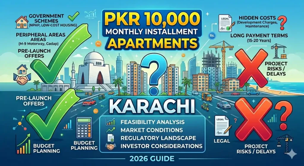 PKR 10,000 monthly installment apartments in Karachi explained with real prices, areas, Al Rauf Projects comparison, and affordable housing options in 2026.