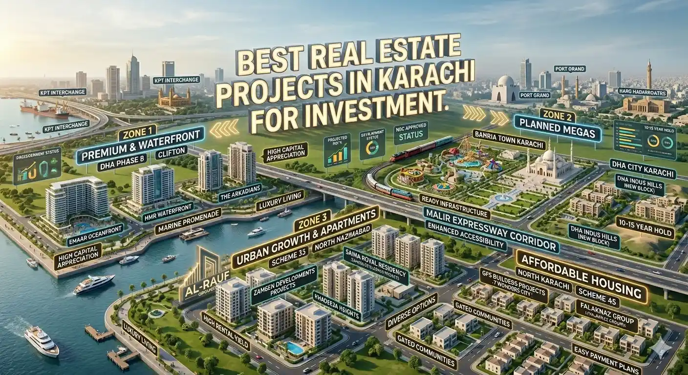Explore the best real estate projects in Karachi for investment in 2026. Discover top areas, ROI potential, and installment-based property options.