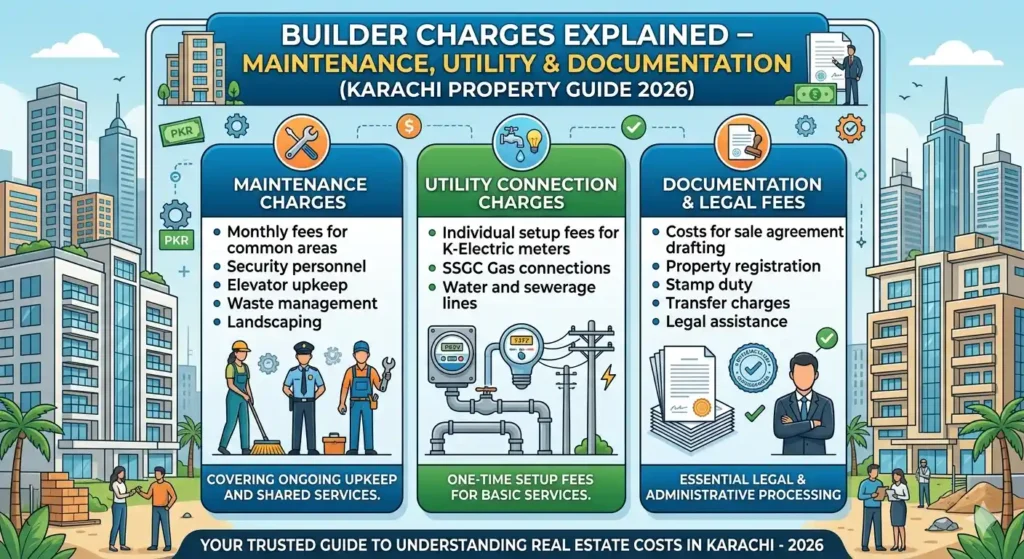 Understand builder charges in Karachi including maintenance, utility, and documentation fees before buying an apartment or property on installments.