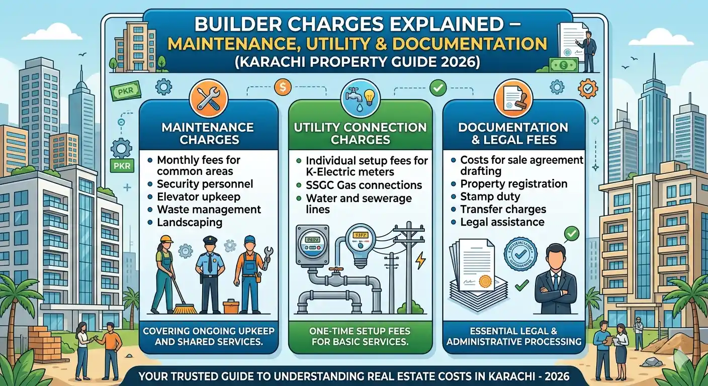 Understand builder charges in Karachi including maintenance, utility, and documentation fees before buying an apartment or property on installments.