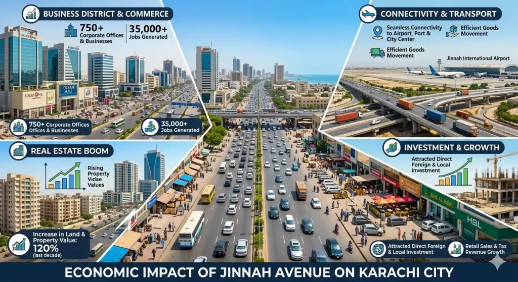 Explore the economic impact of Jinnah Avenue on Karachi, including business growth, real estate development, investment opportunities, and urban expansion.