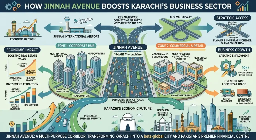 How Jinnah Avenue boosts Karachi’s business sector by improving connectivity, attracting investment, and driving commercial growth across the city.