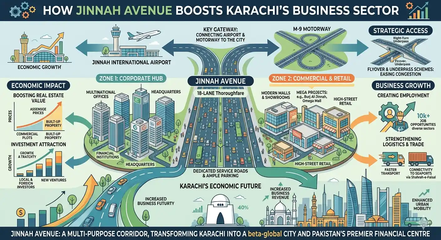 How Jinnah Avenue boosts Karachi’s business sector by improving connectivity, attracting investment, and driving commercial growth across the city.