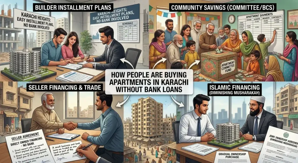Learn how people are buying apartments in Karachi without bank loans using installment plans, builder financing, and smart investment strategies.