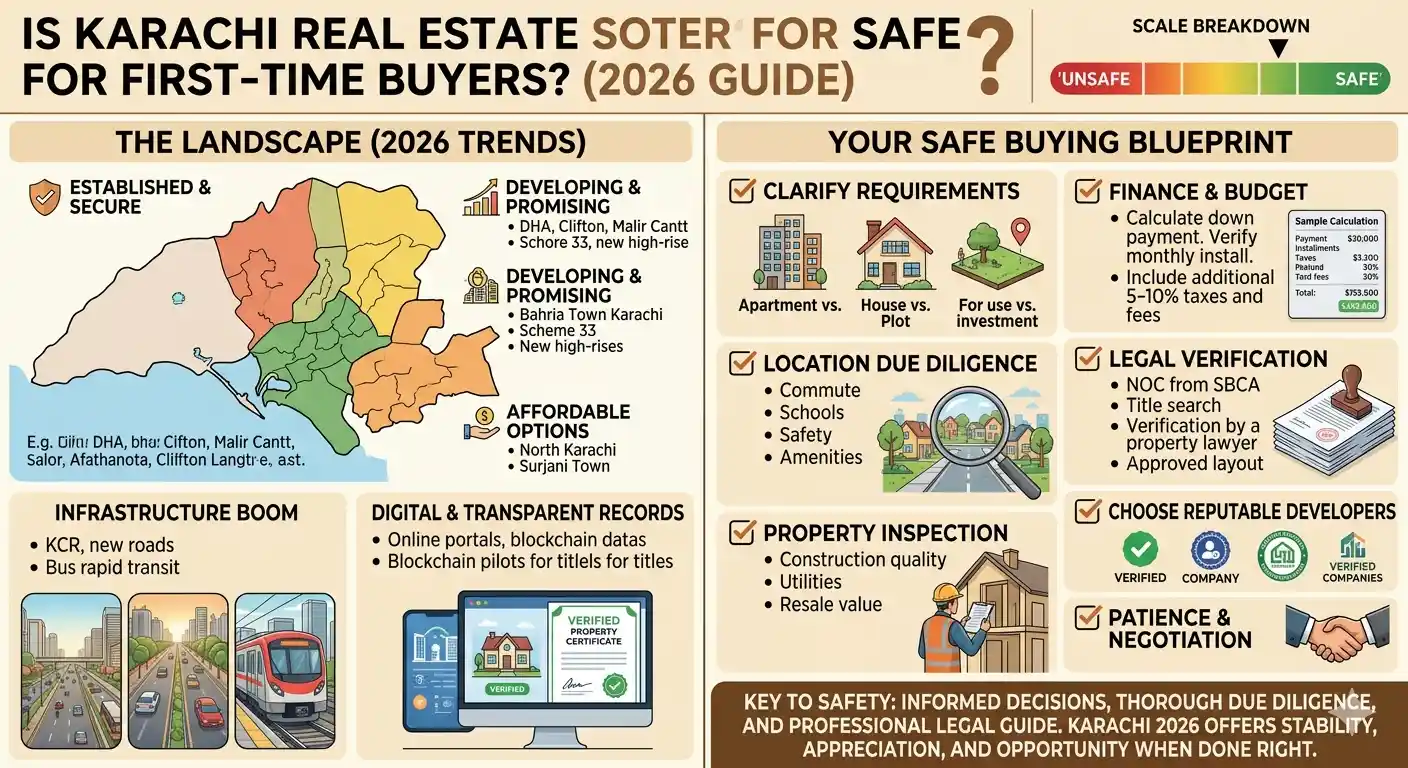Learn whether Karachi real estate is safe for first-time buyers, including legal checks, investment risks, safe areas, and smart buying tips for 2026.