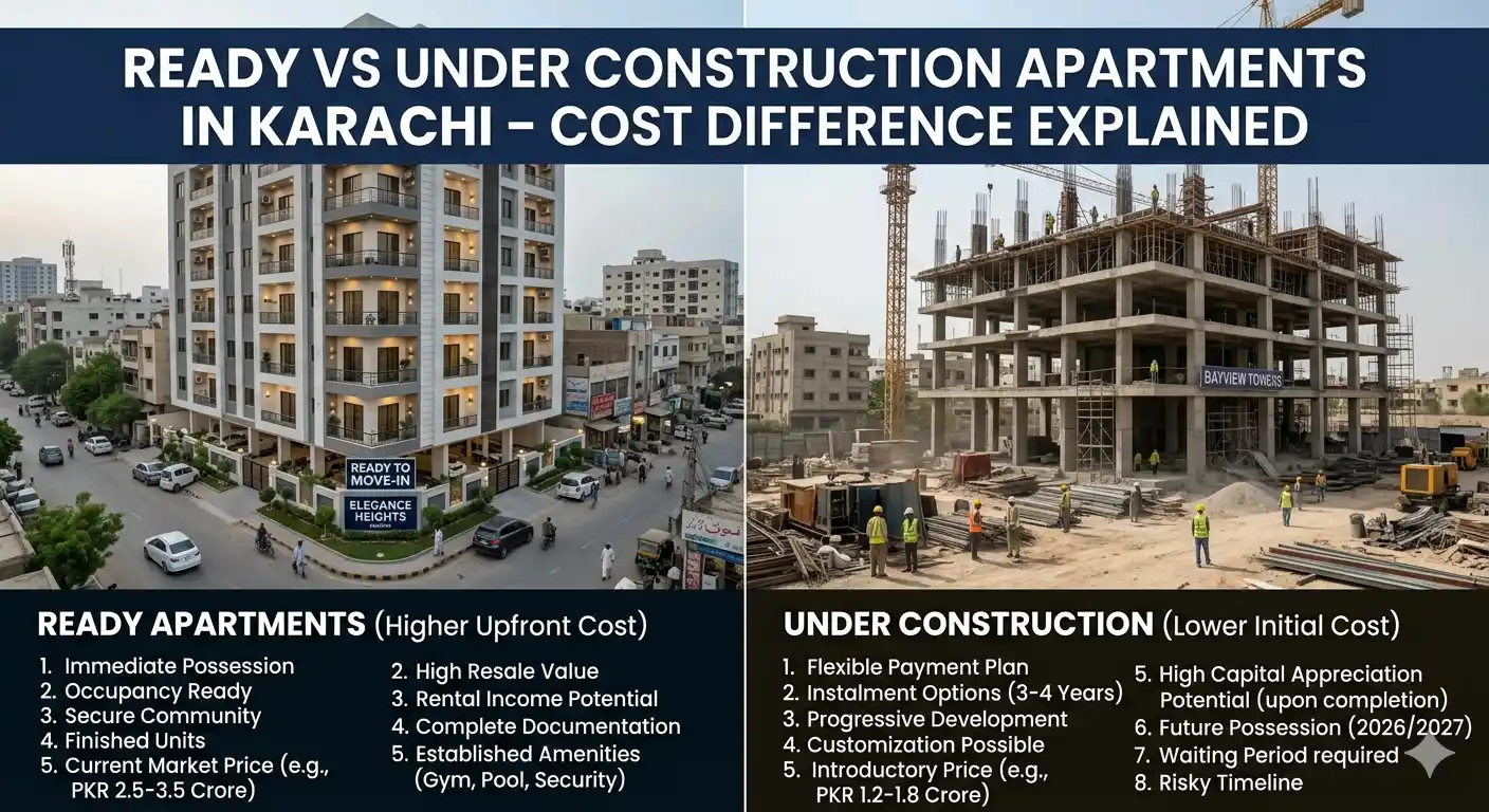 Ready vs under construction apartments in Karachi – compare prices, risks, and benefits to choose the best investment option in 2026.