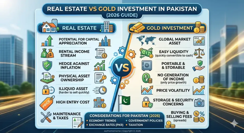 Compare real estate vs gold investment in Pakistan and discover which option offers better returns, security, and long-term value in 2026.