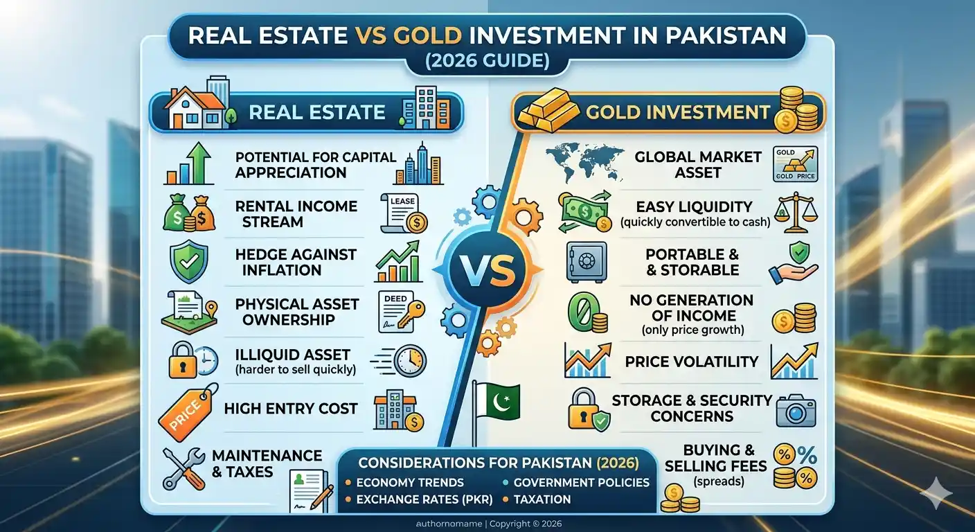 Compare real estate vs gold investment in Pakistan and discover which option offers better returns, security, and long-term value in 2026.