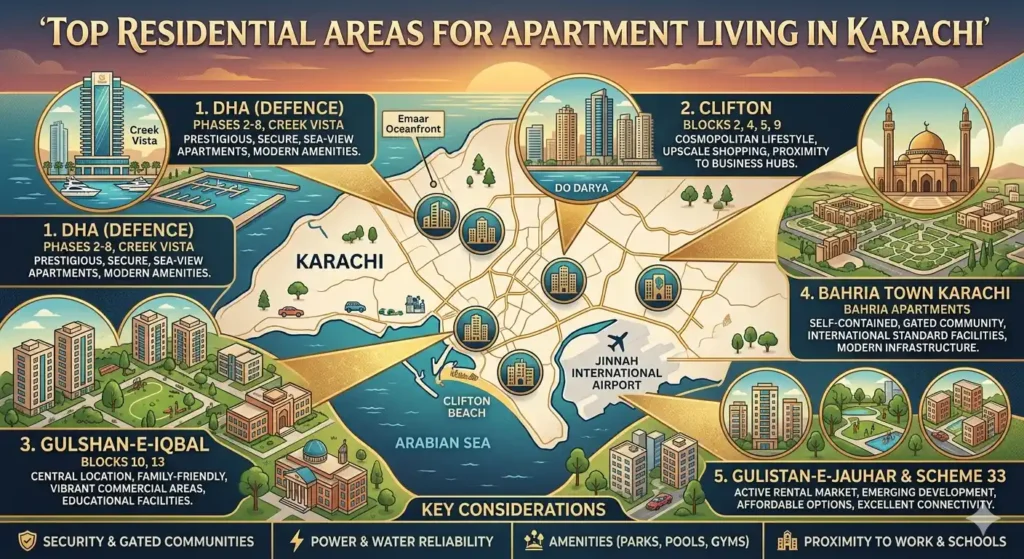 Discover the top residential areas for apartment living in Karachi, including family-friendly neighborhoods, investment hotspots, and installment apartment options.