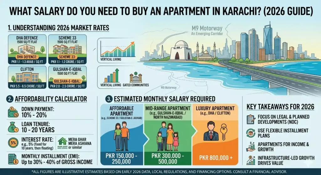 Find out what salary you need to buy an apartment in Karachi, including installment plans, down payments, and practical affordability tips for first-time buyers.