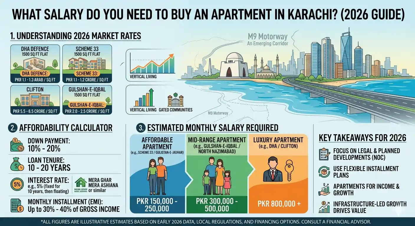 Find out what salary you need to buy an apartment in Karachi, including installment plans, down payments, and practical affordability tips for first-time buyers.