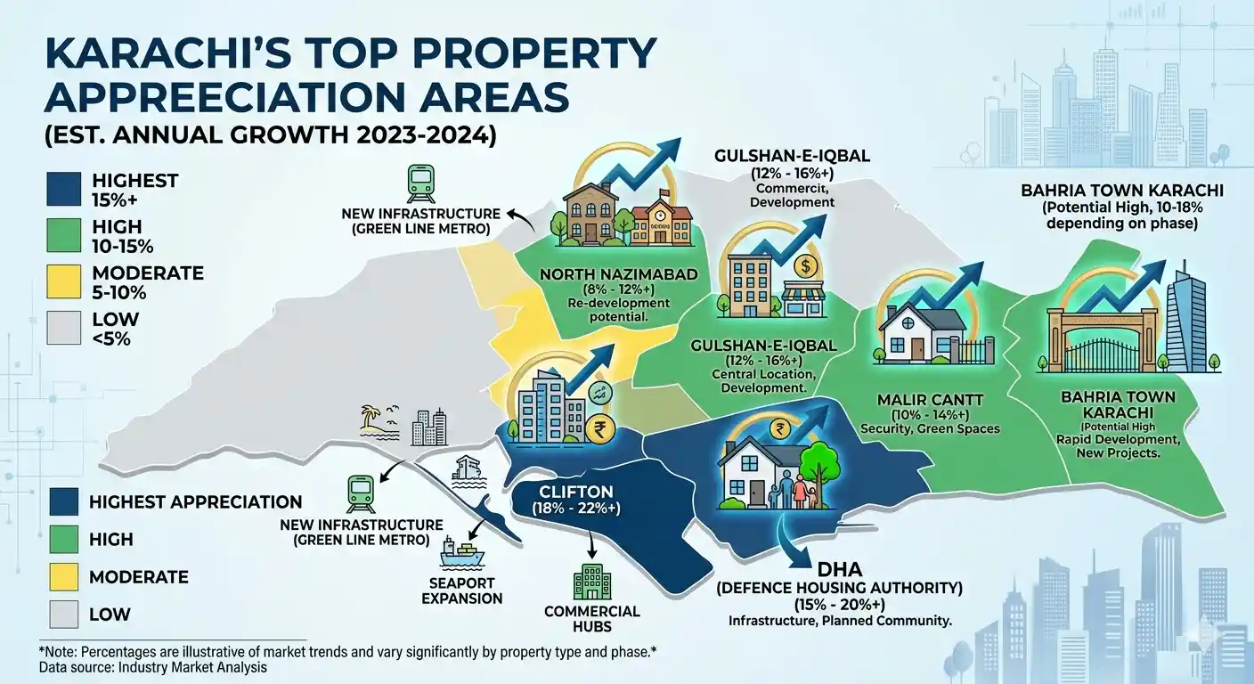 Discover which areas in Karachi have the highest property appreciation in 2026 and where investors can find the best long-term real estate returns.
