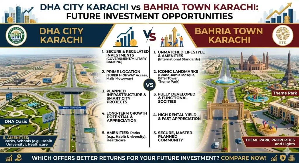 Compare DHA City vs Bahria Town Karachi for future investment opportunities. Discover which project offers better growth potential, lifestyle, rental demand, and long-term returns.
