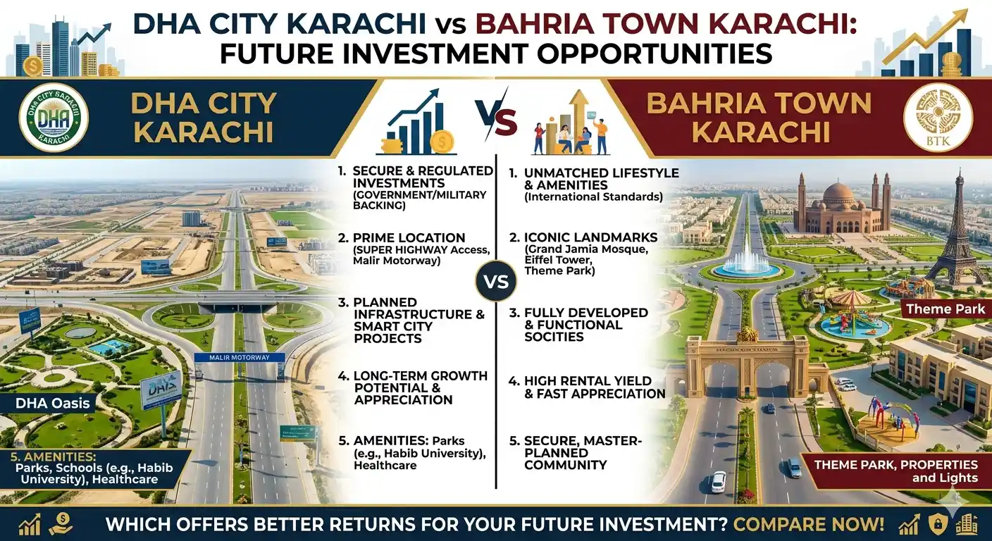 Compare DHA City vs Bahria Town Karachi for future investment opportunities. Discover which project offers better growth potential, lifestyle, rental demand, and long-term returns.