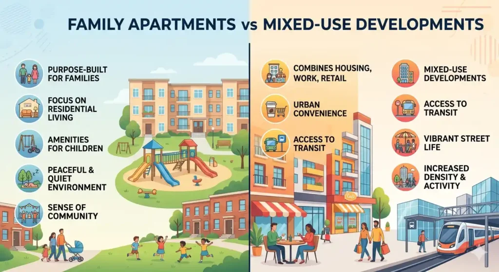 Compare family apartments vs mixed-use developments in Karachi. Learn differences in lifestyle, investment potential, security, amenities, and long-term value.