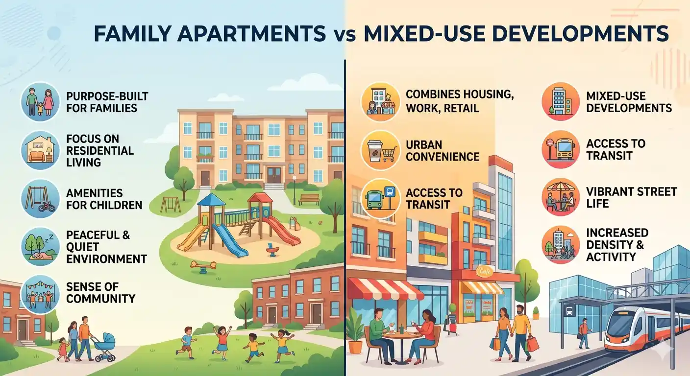 Compare family apartments vs mixed-use developments in Karachi. Learn differences in lifestyle, investment potential, security, amenities, and long-term value.