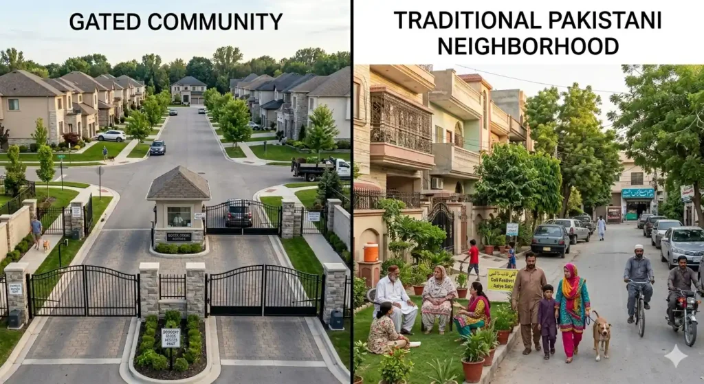 Compare gated communities vs traditional neighborhoods in Karachi. Learn about security, lifestyle, investment potential, amenities.