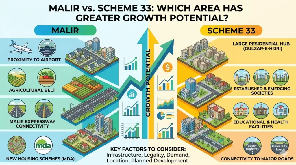 Malir vs Scheme 33 comparison for Karachi real estate investors. Discover which area offers better growth and future appreciation.