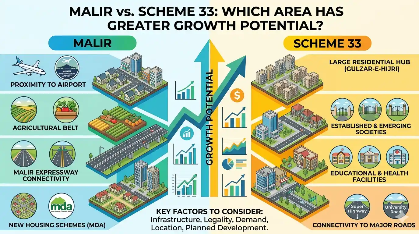 Malir vs Scheme 33 comparison for Karachi real estate investors. Discover which area offers better growth and future appreciation.