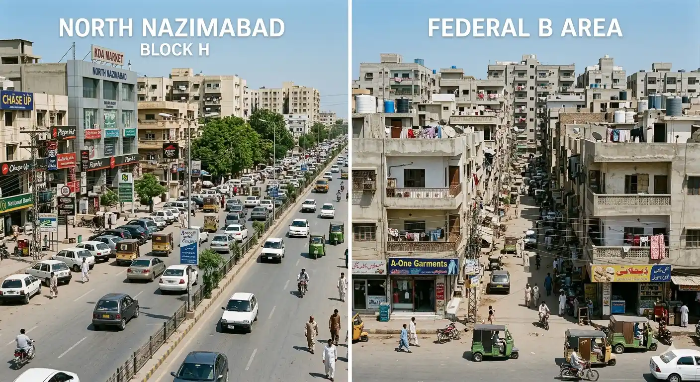 North Nazimabad vs Federal B Area comparison for Karachi real estate buyers. Discover which area offers better lifestyle, property value, and investment returns.