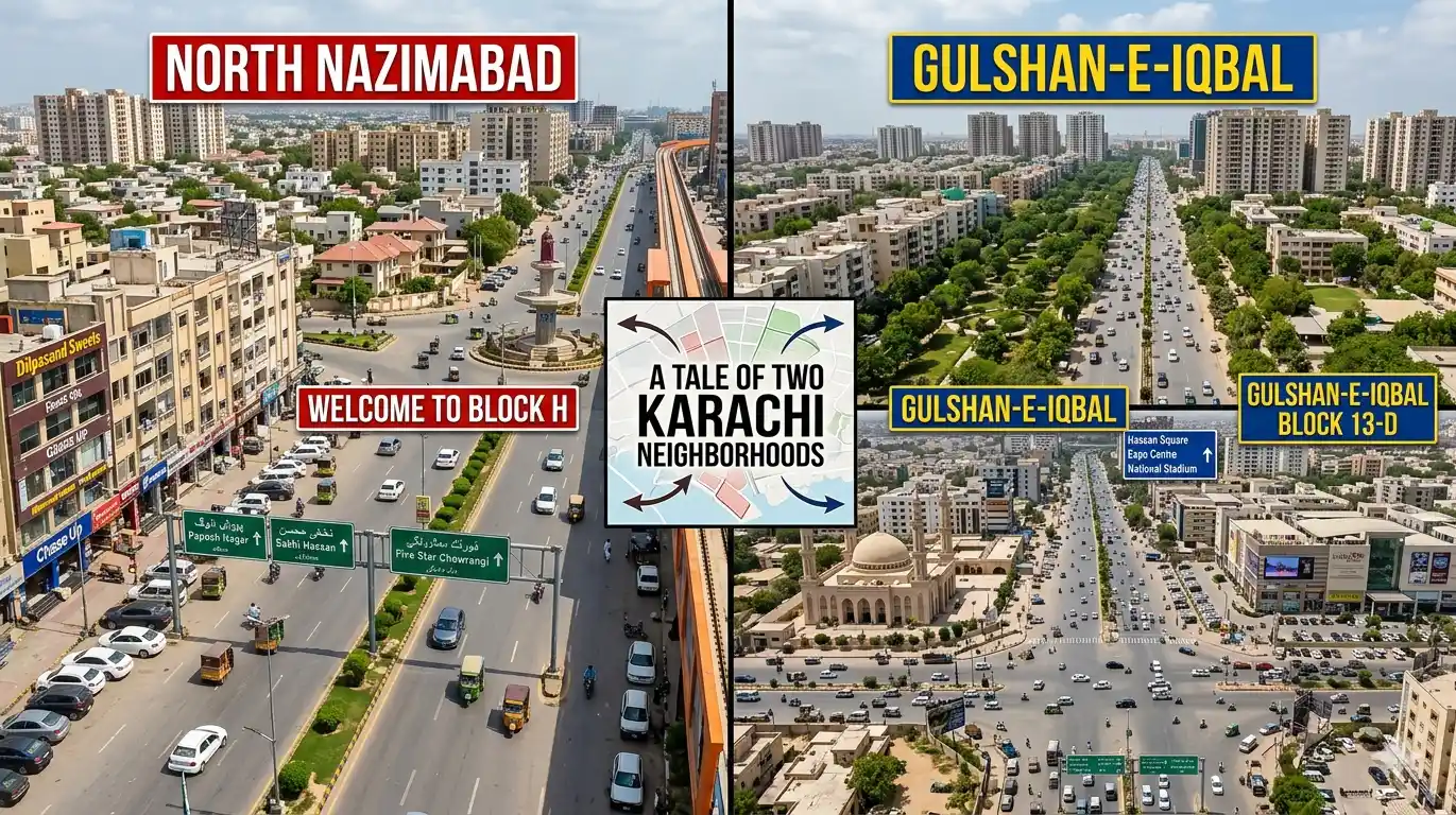 North Nazimabad vs Gulshan-e-Iqbal comparison for Karachi real estate. Discover which area is better for investment, lifestyle, and property value growth.