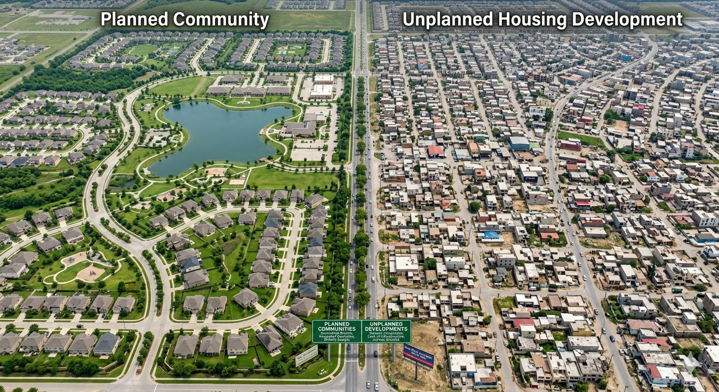 Compare planned communities vs unplanned housing developments in Karachi. Learn differences in security, infrastructure, investment value, and lifestyle quality.