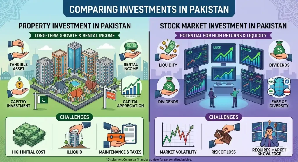 Compare property investment vs stock market investment in Pakistan. Learn about returns, risks, liquidity, income potential, and which investment option is best for your financial goals.