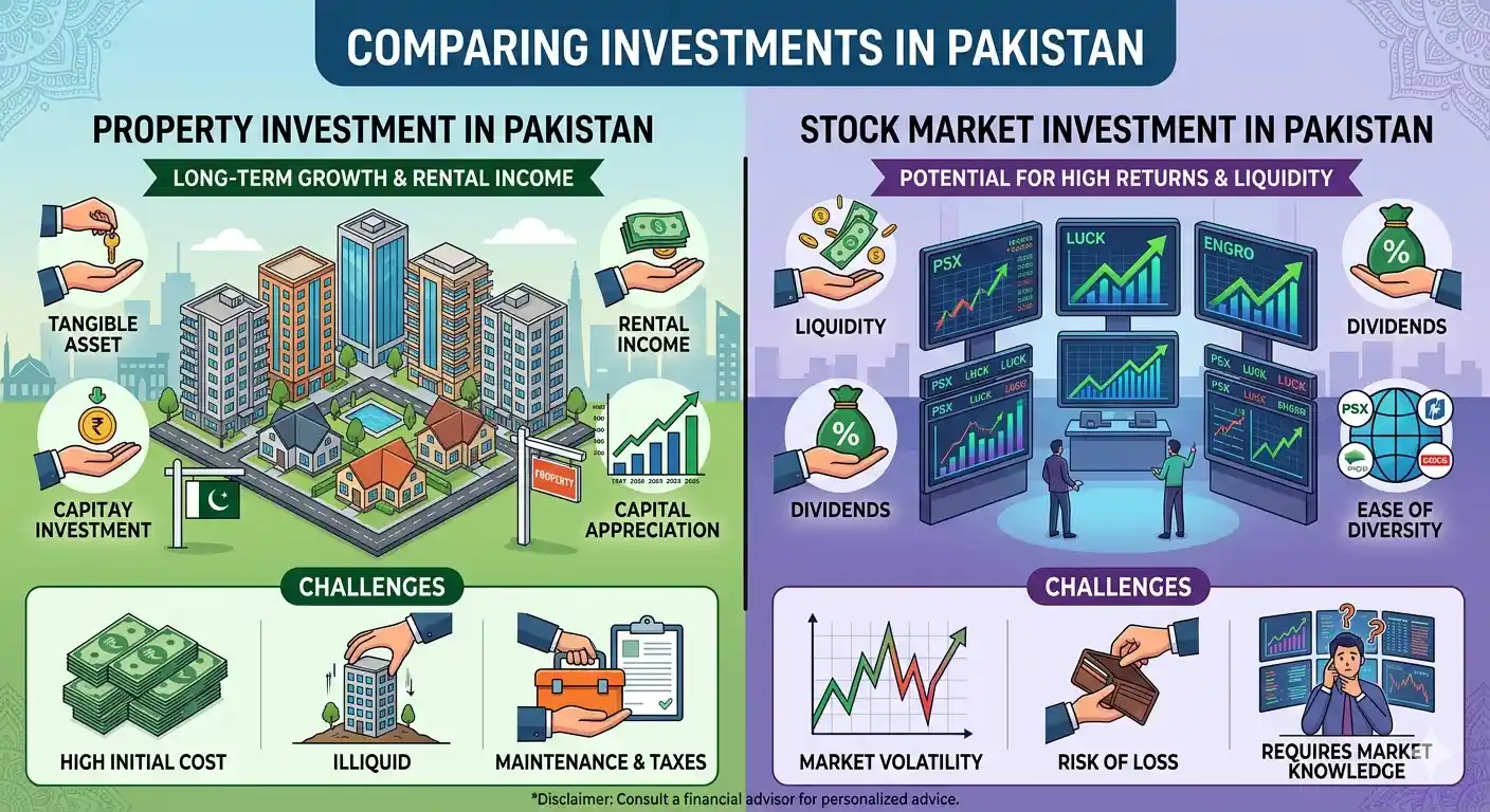 Compare property investment vs stock market investment in Pakistan. Learn about returns, risks, liquidity, income potential, and which investment option is best for your financial goals.