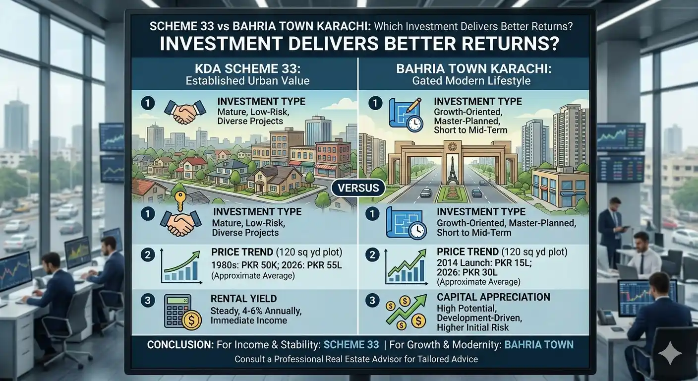 Compare Scheme 33 vs Bahria Town Karachi for investment returns, rental income, property appreciation, affordability, and future growth potential.