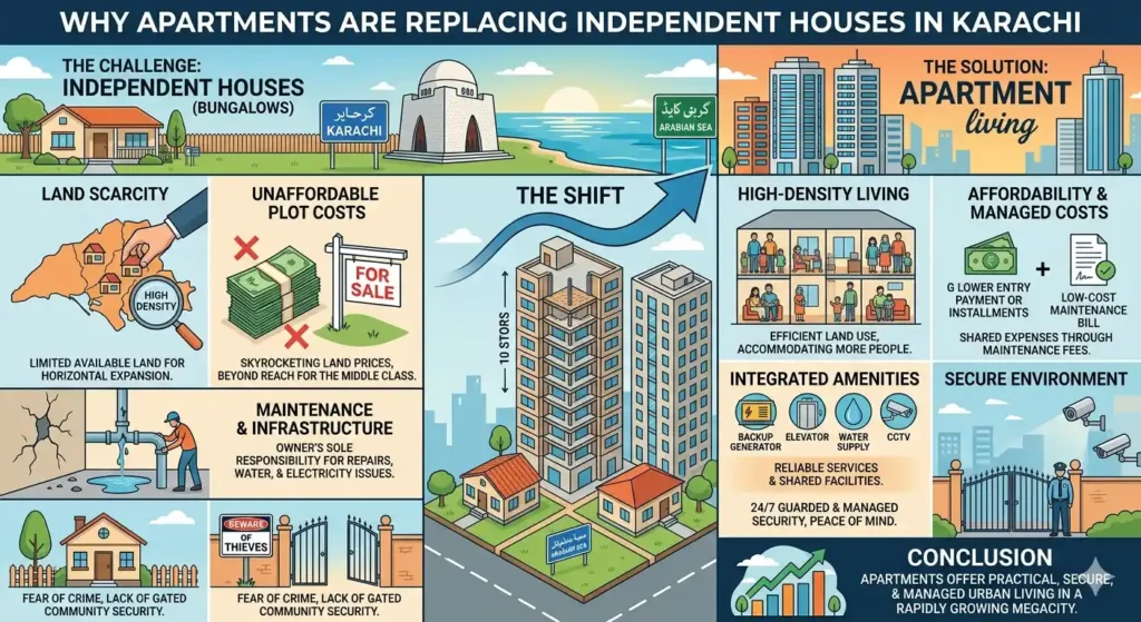 Discover why apartments are replacing independent houses in Karachi. Learn about affordability, security, modern lifestyles, and investment benefits driving this trend.
