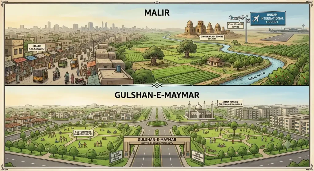 Compare Malir vs Gulshan-e-Maymar for affordable housing in Karachi. Discover property prices, rental demand, infrastructure, lifestyle, investment potential, and which area offers better long-term value.