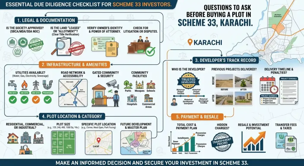 Planning to buying a plot in Scheme 33? Discover the most important questions every buyer should ask before investing, including legal verification, location, developer reputation, and future growth potential.