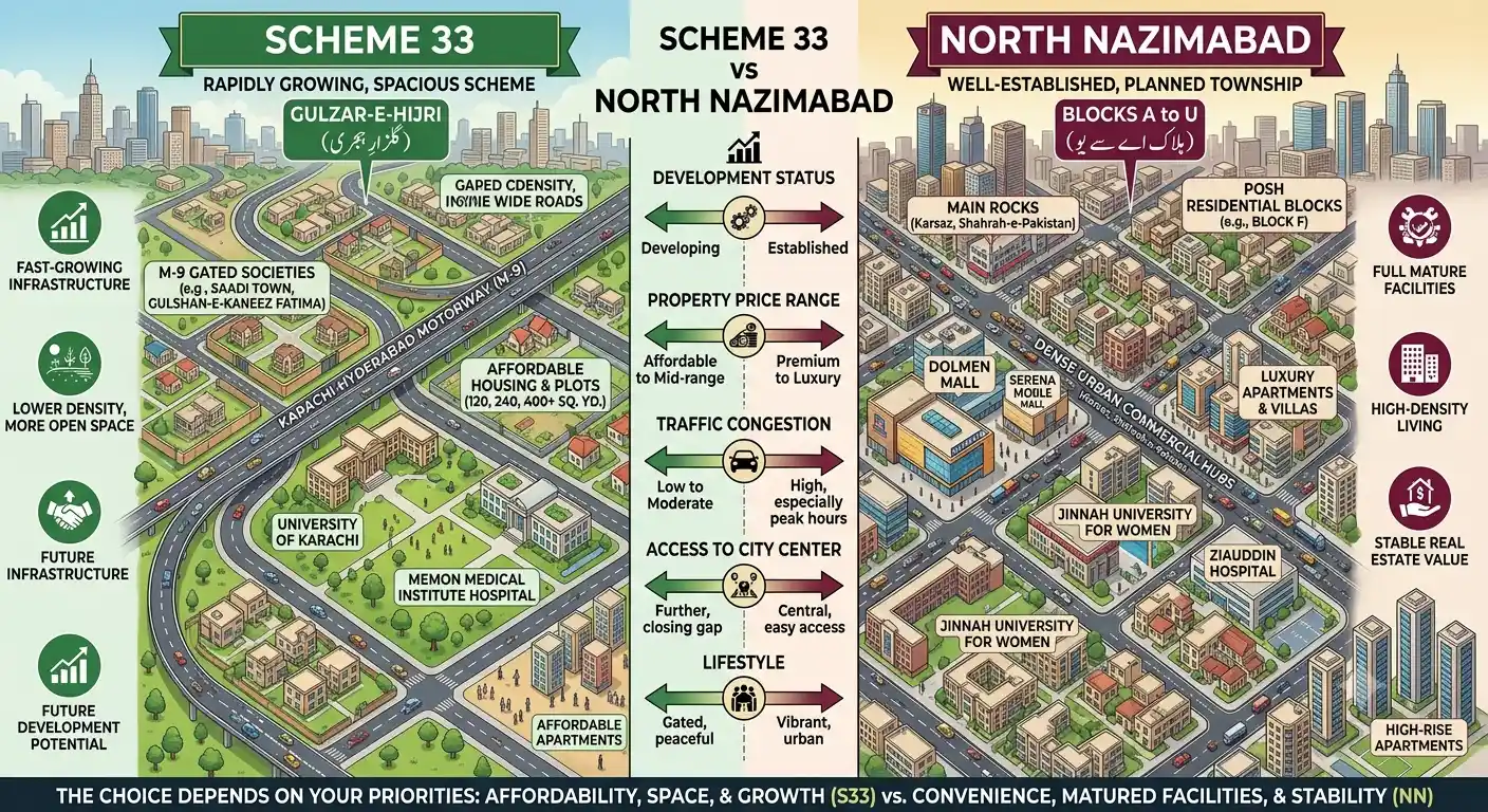 Compare apartment prices in Scheme 33 vs North Nazimabad. Discover which area offers better affordability, investment potential, rental demand, and long-term value for property buyers in Karachi.