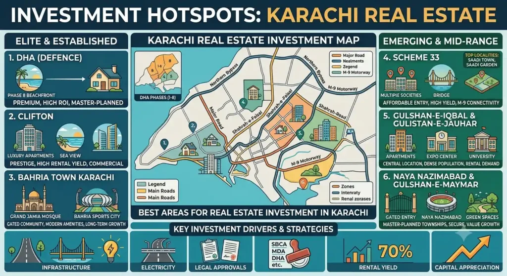 Discover the 15 best areas for real estate investment in Karachi in 2026. Compare property prices, growth potential, rental demand, and investment opportunities across Karachi's top locations.