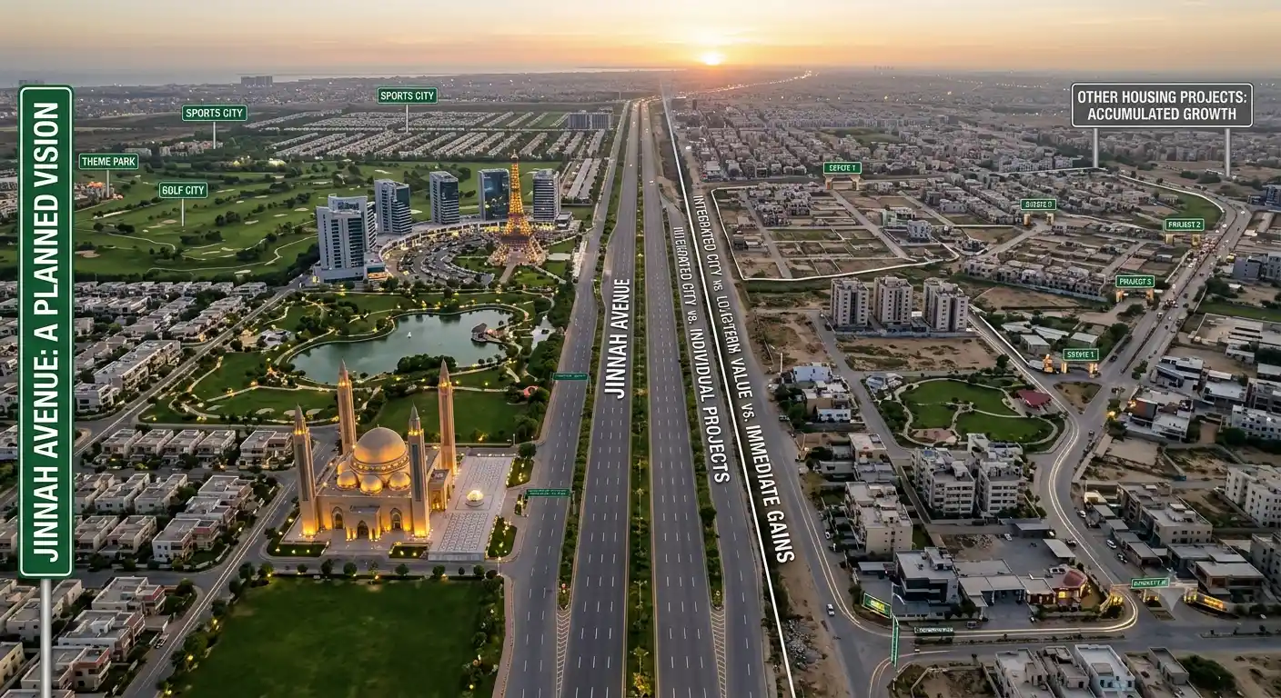 Compare Jinnah Avenue vs other housing projects in Karachi. Discover seven important differences in location, infrastructure, investment potential.