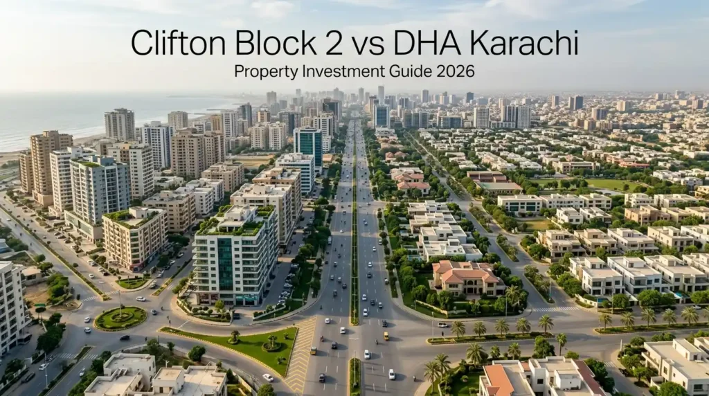 Compare Clifton Block 2 vs DHA Karachi for property investment in 2026, including location, property prices, rental demand, lifestyle, commercial activity, and investment potential.