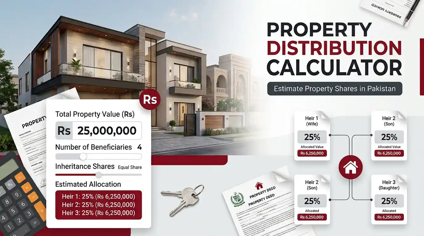 Use Al Rauf's Property Distribution Calculator to estimate inheritance shares, property value and land distribution among heirs in Pakistan. Calculate PKR, Kanal, Marla and square feet shares.