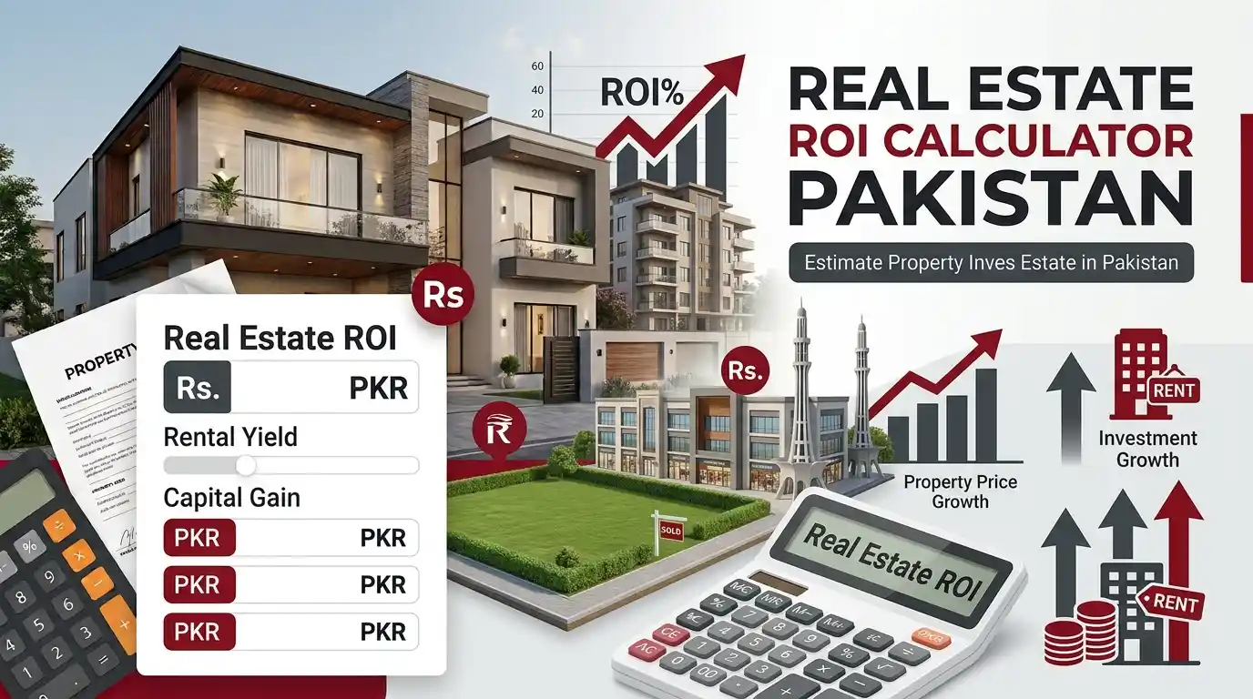 Calculate real estate ROI in Pakistan using purchase price, rental income, property expenses, acquisition costs, selling costs and holding period. Estimate total ROI, annualised return and rental yield.